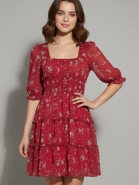 Trixxi Red Floral Puff Sleeve Mini Dress XL